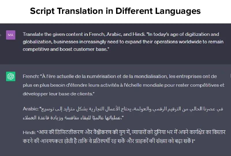 Script Translation in Different Languages